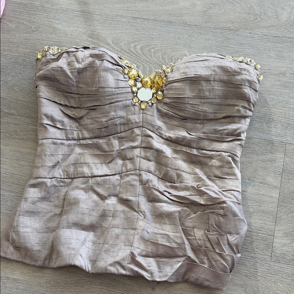 bebe Strapless Dress in Shimmering Silver with Gold Details